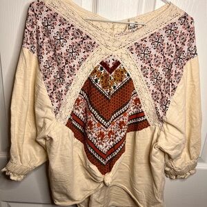 Umgee Cream and Red Patchwork Blouse